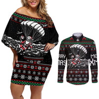 Christmas Skull Couples Matching Off Shoulder Short Dress and Long Sleeve Button Shirt Santa Skull Jumps In Parachute - Wonder Print Shop