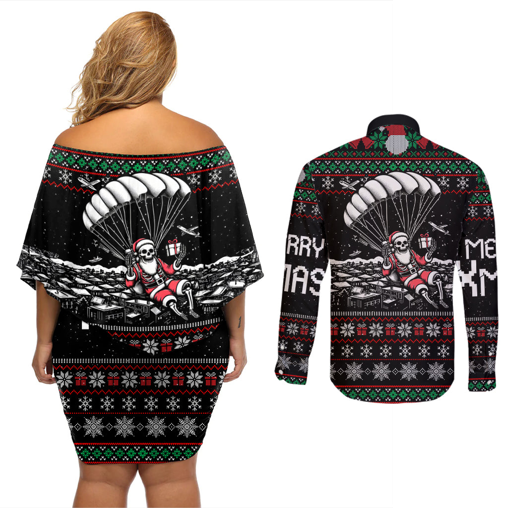 Christmas Skull Couples Matching Off Shoulder Short Dress and Long Sleeve Button Shirt Santa Skull Jumps In Parachute - Wonder Print Shop