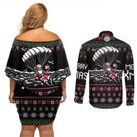 Christmas Skull Couples Matching Off Shoulder Short Dress and Long Sleeve Button Shirt Santa Skull Jumps In Parachute - Wonder Print Shop