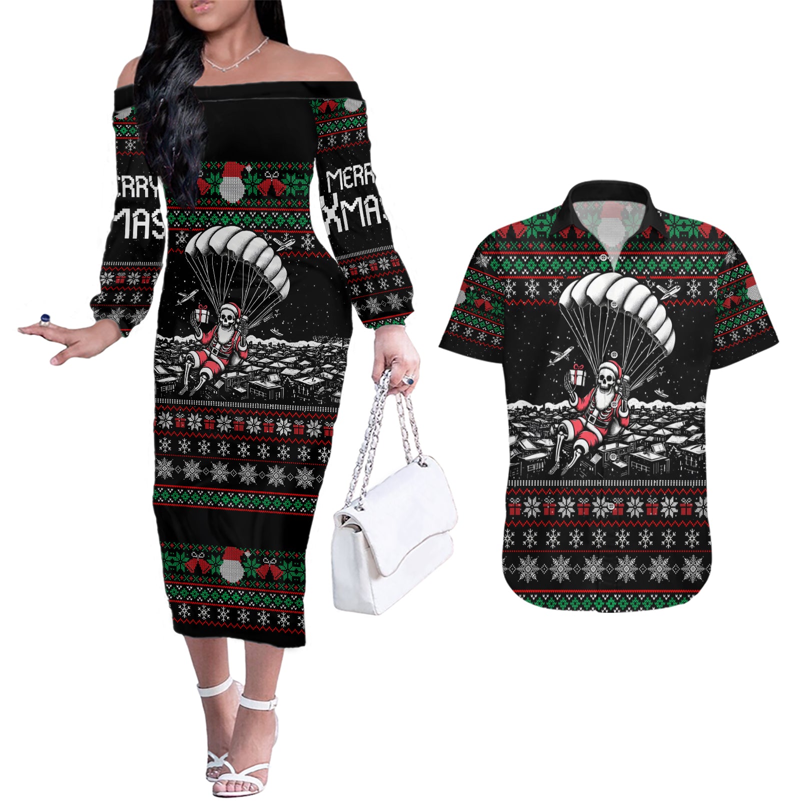 Christmas Skull Couples Matching Off The Shoulder Long Sleeve Dress and Hawaiian Shirt Santa Skull Jumps In Parachute - Wonder Print Shop