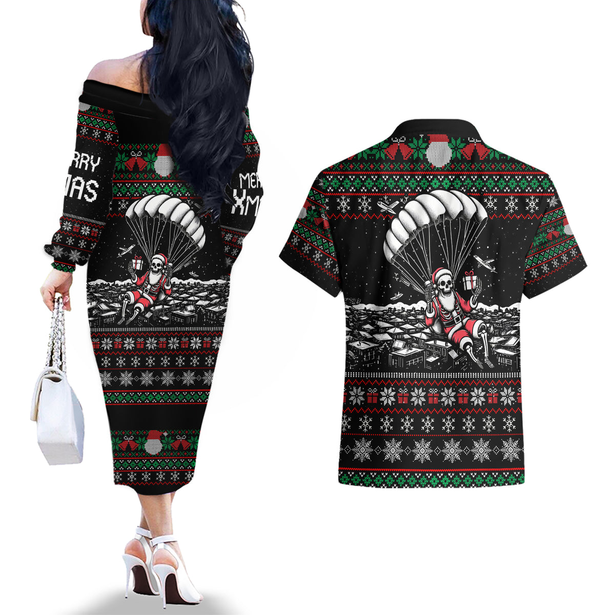 Christmas Skull Couples Matching Off The Shoulder Long Sleeve Dress and Hawaiian Shirt Santa Skull Jumps In Parachute - Wonder Print Shop