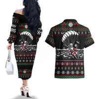 Christmas Skull Couples Matching Off The Shoulder Long Sleeve Dress and Hawaiian Shirt Santa Skull Jumps In Parachute - Wonder Print Shop