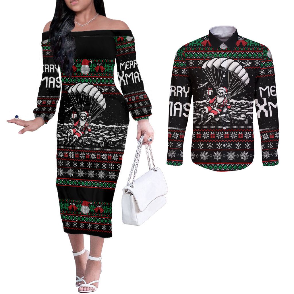 christmas-skull-couples-matching-off-the-shoulder-long-sleeve-dress-and-long-sleeve-button-shirt-santa-skull-jumps-in-parachute