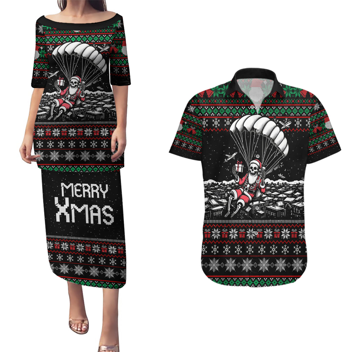 Christmas Skull Couples Matching Puletasi Dress and Hawaiian Shirt Santa Skull Jumps In Parachute - Wonder Print Shop