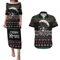 Christmas Skull Couples Matching Puletasi Dress and Hawaiian Shirt Santa Skull Jumps In Parachute - Wonder Print Shop