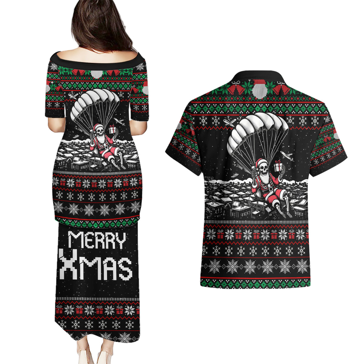 Christmas Skull Couples Matching Puletasi Dress and Hawaiian Shirt Santa Skull Jumps In Parachute - Wonder Print Shop