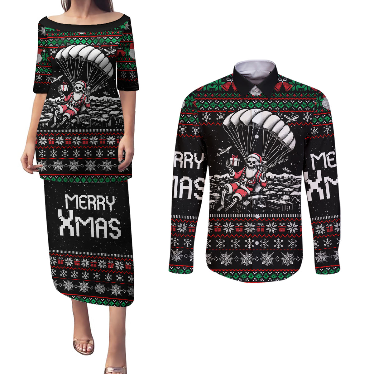 Christmas Skull Couples Matching Puletasi Dress and Long Sleeve Button Shirt Santa Skull Jumps In Parachute - Wonder Print Shop