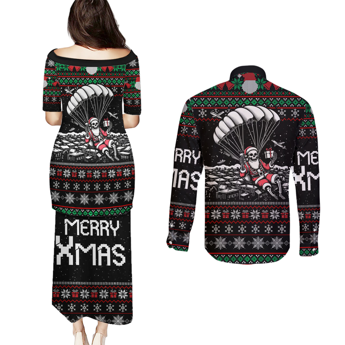 Christmas Skull Couples Matching Puletasi Dress and Long Sleeve Button Shirt Santa Skull Jumps In Parachute - Wonder Print Shop
