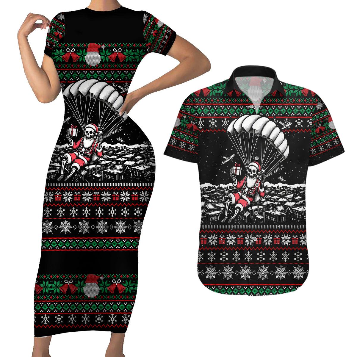 Christmas Skull Couples Matching Short Sleeve Bodycon Dress and Hawaiian Shirt Santa Skull Jumps In Parachute - Wonder Print Shop