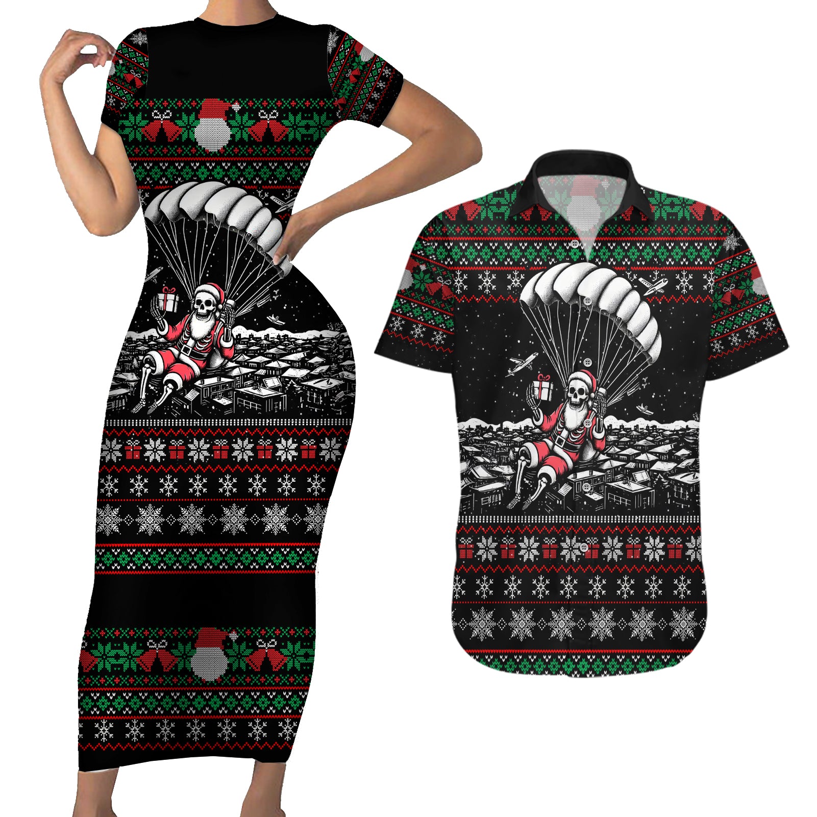 Christmas Skull Couples Matching Short Sleeve Bodycon Dress and Hawaiian Shirt Santa Skull Jumps In Parachute - Wonder Print Shop