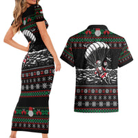 Christmas Skull Couples Matching Short Sleeve Bodycon Dress and Hawaiian Shirt Santa Skull Jumps In Parachute - Wonder Print Shop