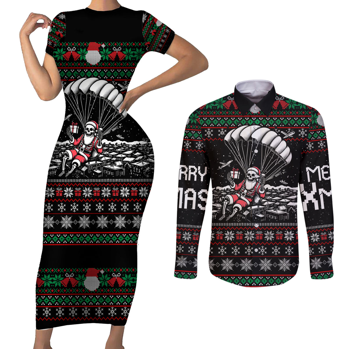 Christmas Skull Couples Matching Short Sleeve Bodycon Dress and Long Sleeve Button Shirt Santa Skull Jumps In Parachute - Wonder Print Shop