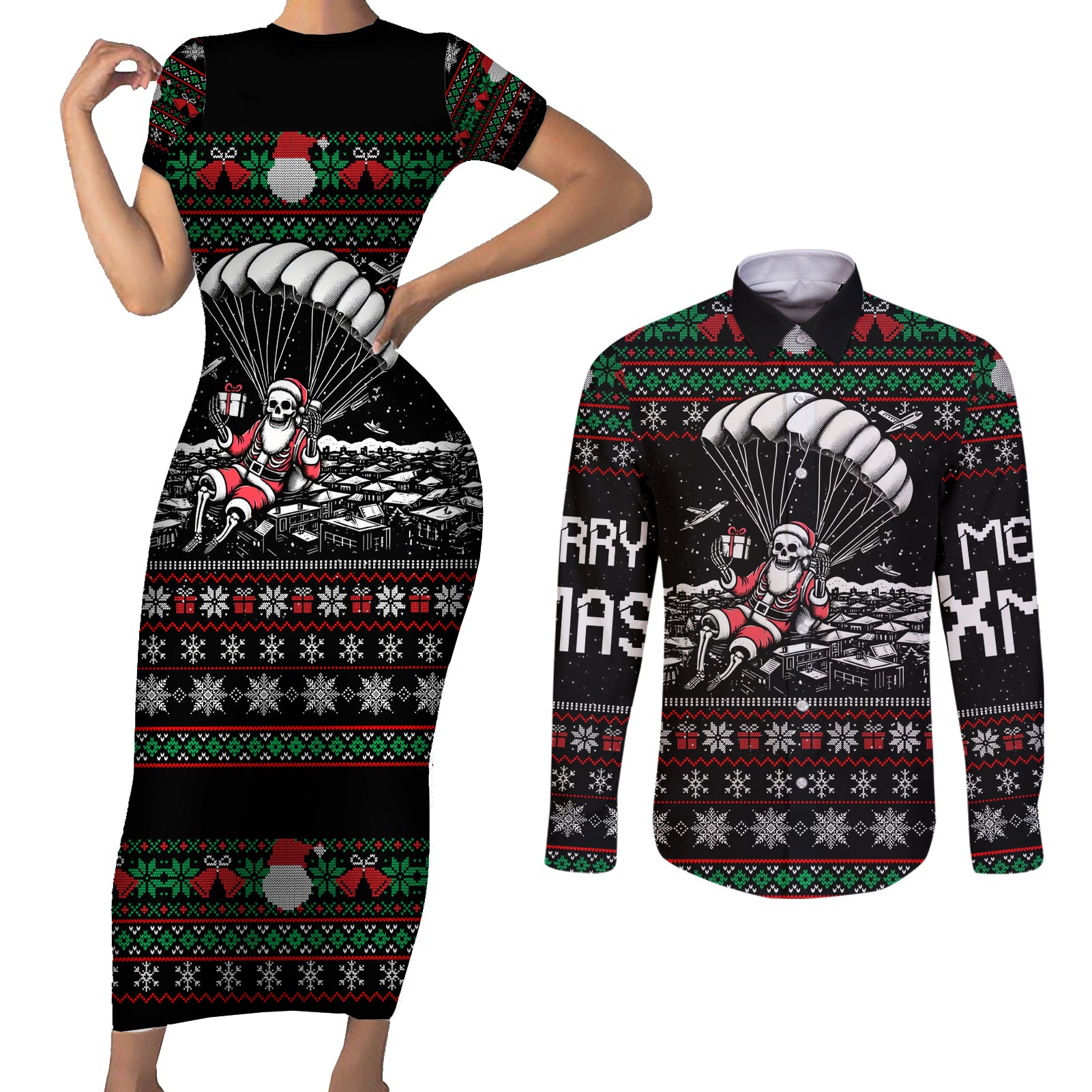 Christmas Skull Couples Matching Short Sleeve Bodycon Dress and Long Sleeve Button Shirt Santa Skull Jumps In Parachute - Wonder Print Shop