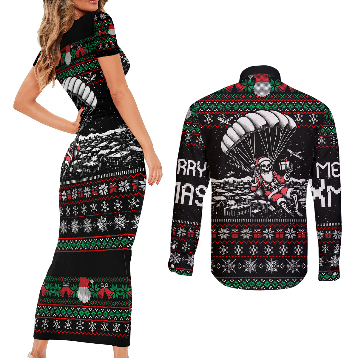 Christmas Skull Couples Matching Short Sleeve Bodycon Dress and Long Sleeve Button Shirt Santa Skull Jumps In Parachute - Wonder Print Shop