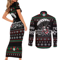Christmas Skull Couples Matching Short Sleeve Bodycon Dress and Long Sleeve Button Shirt Santa Skull Jumps In Parachute - Wonder Print Shop