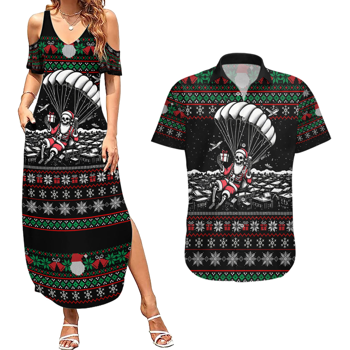Christmas Skull Couples Matching Summer Maxi Dress and Hawaiian Shirt Santa Skull Jumps In Parachute - Wonder Print Shop