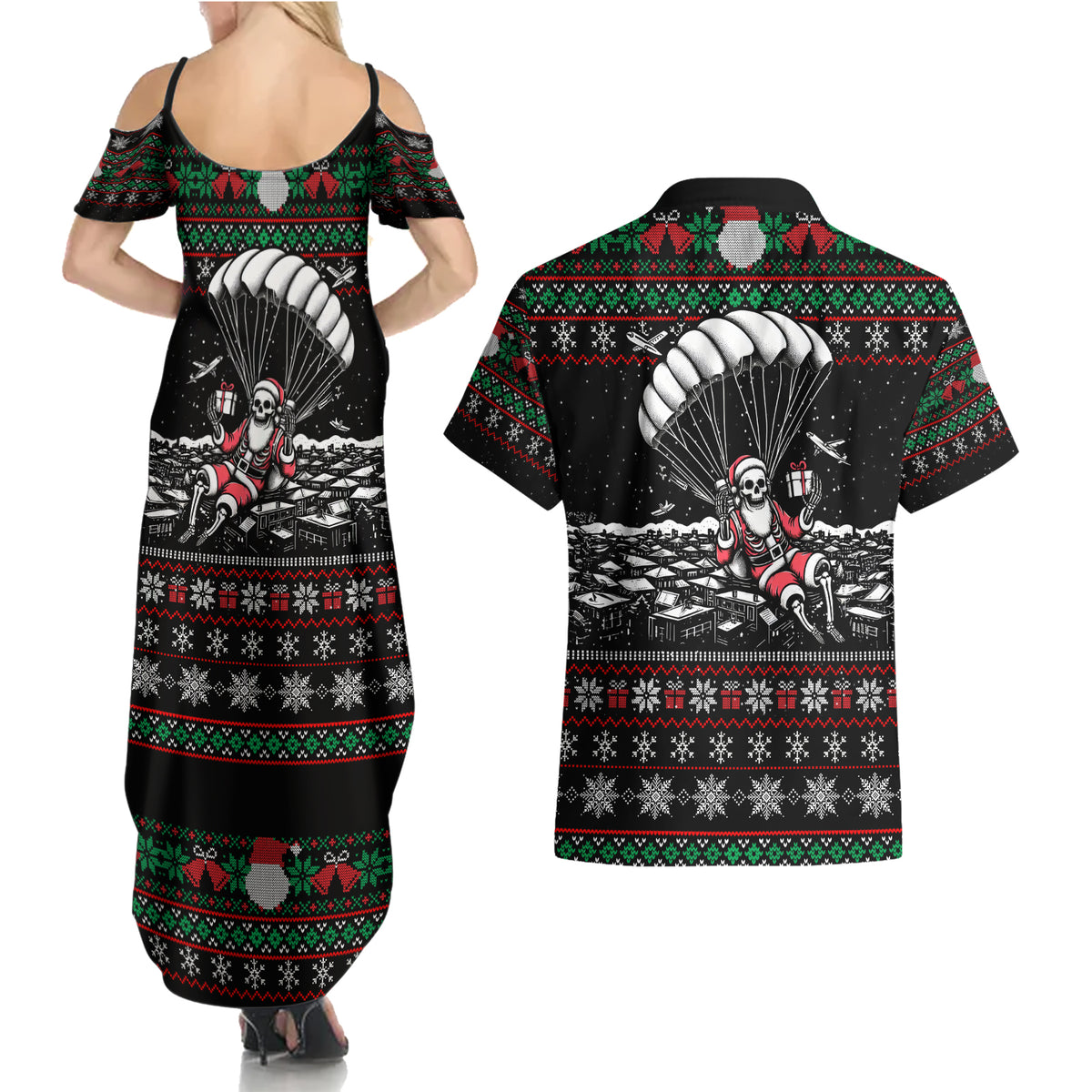 Christmas Skull Couples Matching Summer Maxi Dress and Hawaiian Shirt Santa Skull Jumps In Parachute - Wonder Print Shop
