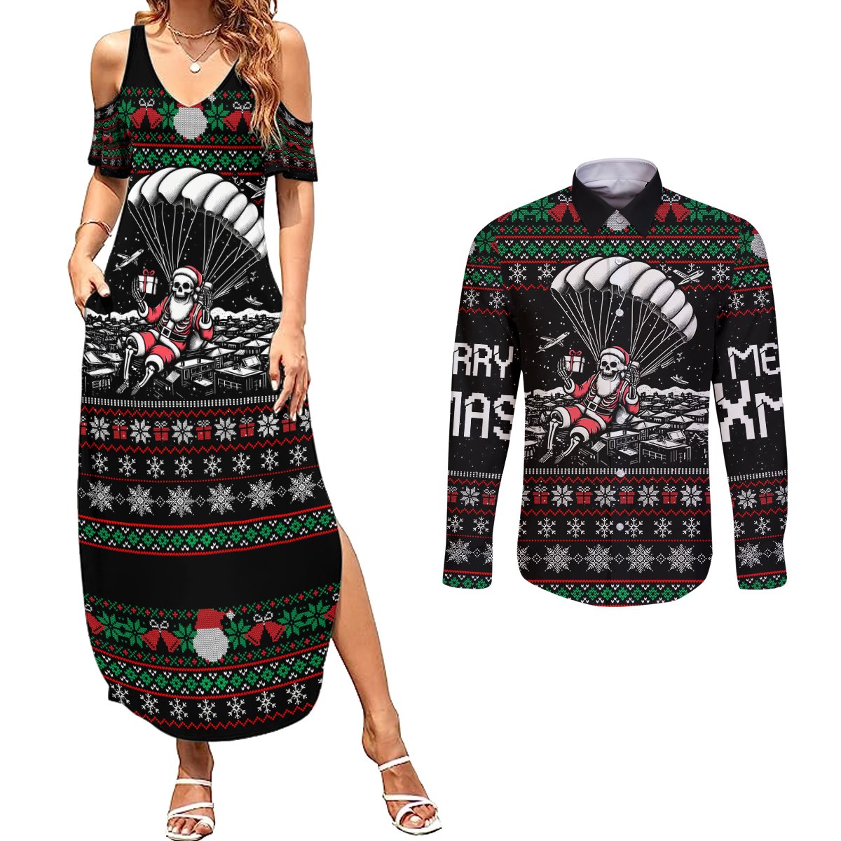 Christmas Skull Couples Matching Summer Maxi Dress and Long Sleeve Button Shirt Santa Skull Jumps In Parachute - Wonder Print Shop