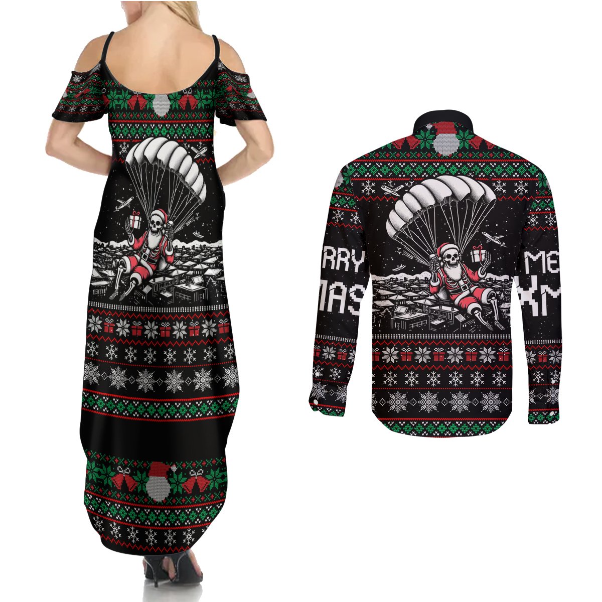 Christmas Skull Couples Matching Summer Maxi Dress and Long Sleeve Button Shirt Santa Skull Jumps In Parachute - Wonder Print Shop