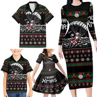 Christmas Skull Family Matching Long Sleeve Bodycon Dress and Hawaiian Shirt Santa Skull Jumps In Parachute - Wonder Print Shop