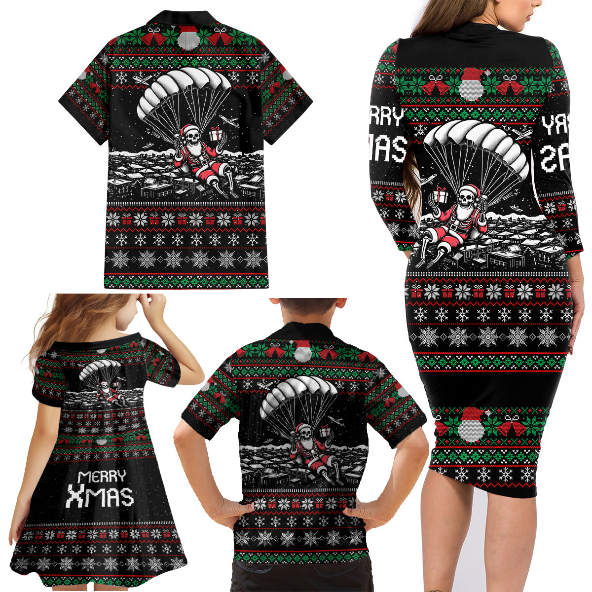 Christmas Skull Family Matching Long Sleeve Bodycon Dress and Hawaiian Shirt Santa Skull Jumps In Parachute - Wonder Print Shop