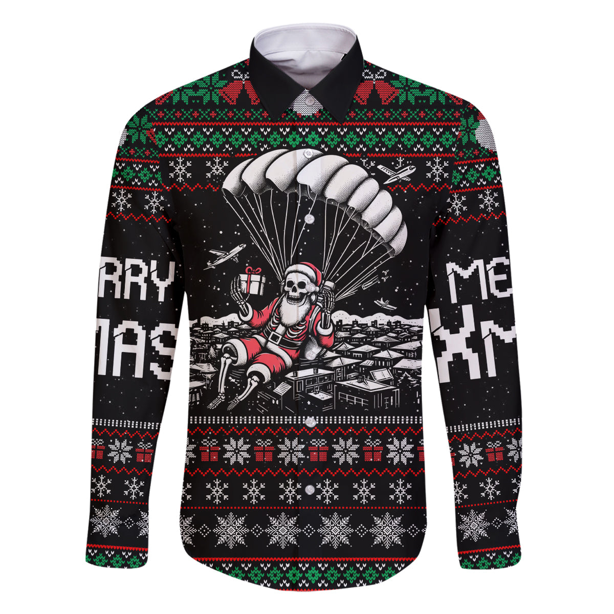 Christmas Skull Family Matching Long Sleeve Bodycon Dress and Hawaiian Shirt Santa Skull Jumps In Parachute - Wonder Print Shop