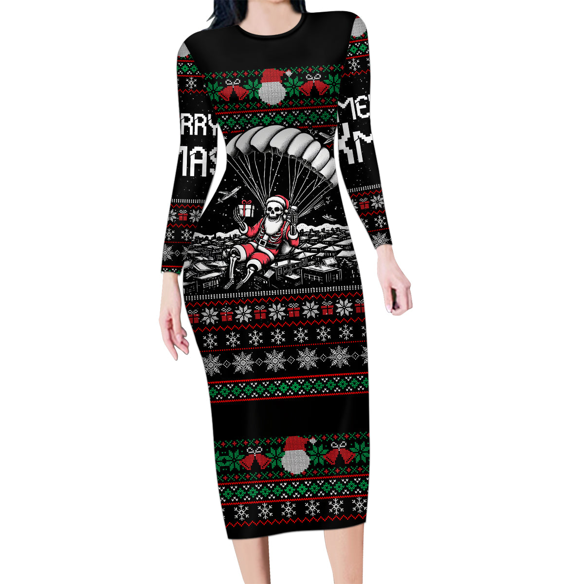 Christmas Skull Family Matching Long Sleeve Bodycon Dress and Hawaiian Shirt Santa Skull Jumps In Parachute - Wonder Print Shop