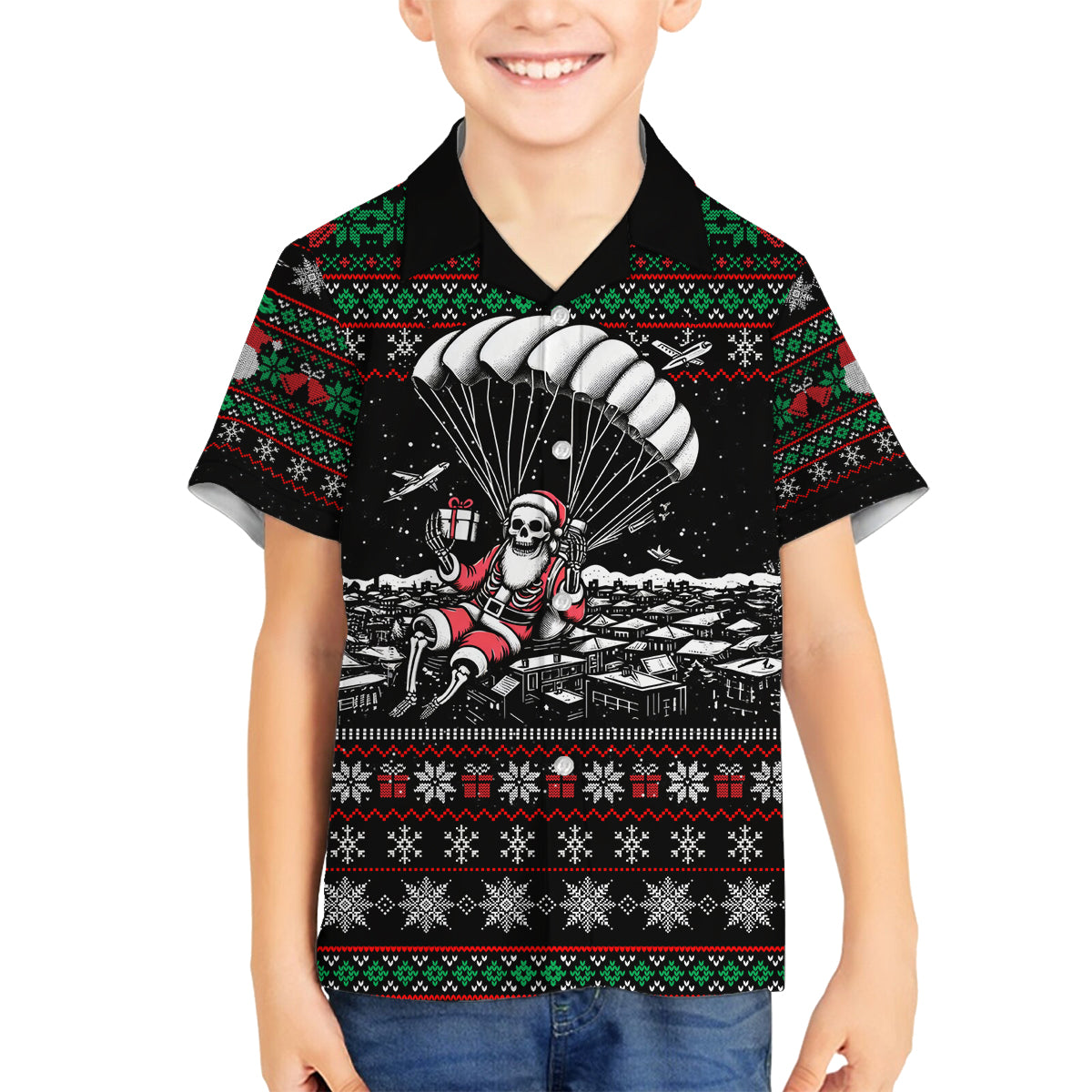 Christmas Skull Family Matching Long Sleeve Bodycon Dress and Hawaiian Shirt Santa Skull Jumps In Parachute - Wonder Print Shop