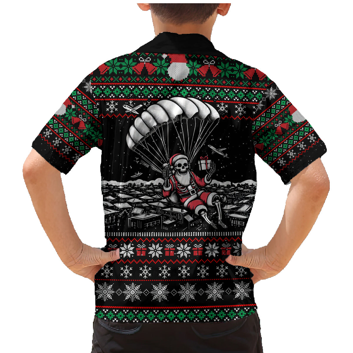 Christmas Skull Family Matching Mermaid Dress and Hawaiian Shirt Santa Skull Jumps In Parachute - Wonder Print Shop