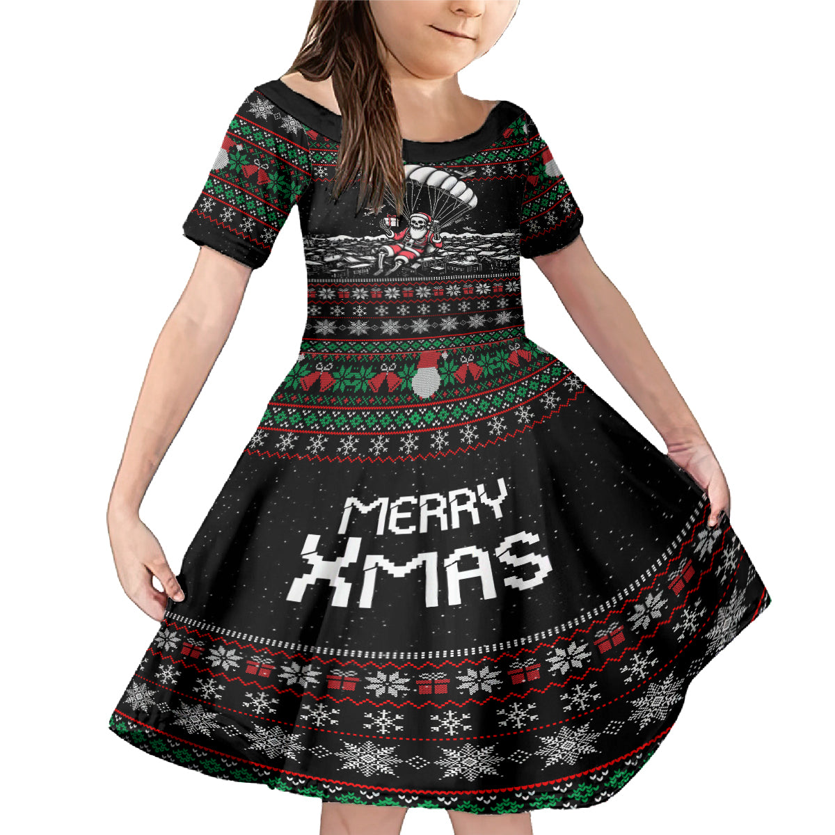 Christmas Skull Family Matching Mermaid Dress and Hawaiian Shirt Santa Skull Jumps In Parachute - Wonder Print Shop