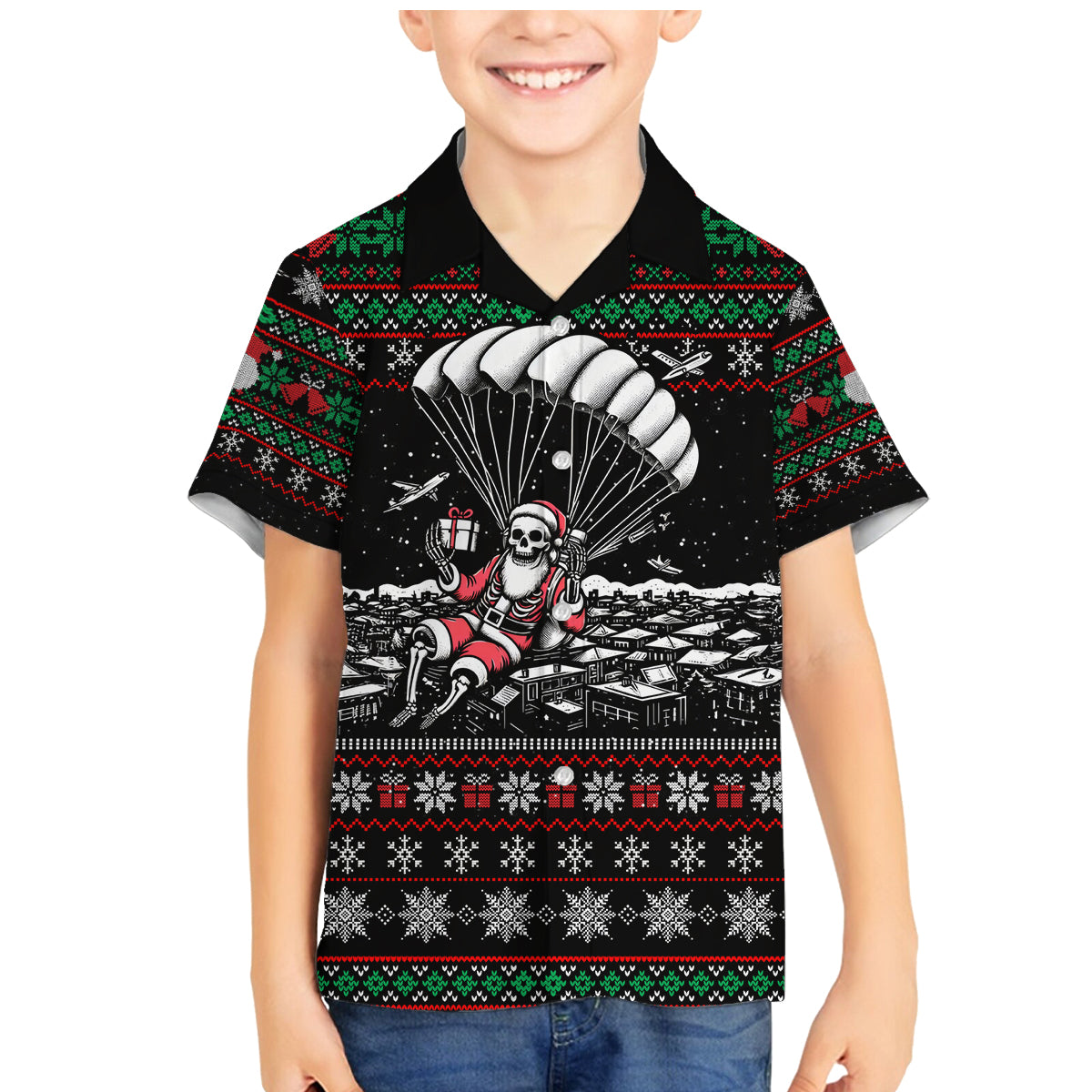 Christmas Skull Family Matching Mermaid Dress and Hawaiian Shirt Santa Skull Jumps In Parachute - Wonder Print Shop