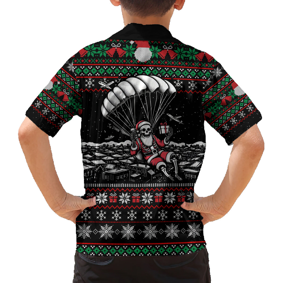 Christmas Skull Family Matching Off Shoulder Long Sleeve Dress and Hawaiian Shirt Santa Skull Jumps In Parachute - Wonder Print Shop