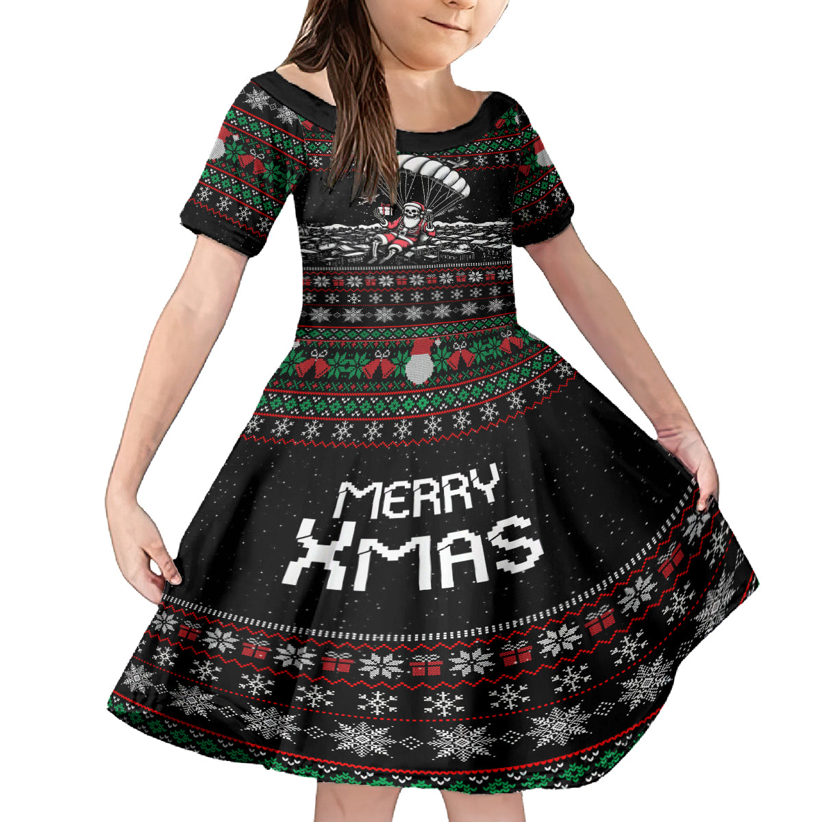 Christmas Skull Family Matching Off Shoulder Long Sleeve Dress and Hawaiian Shirt Santa Skull Jumps In Parachute - Wonder Print Shop