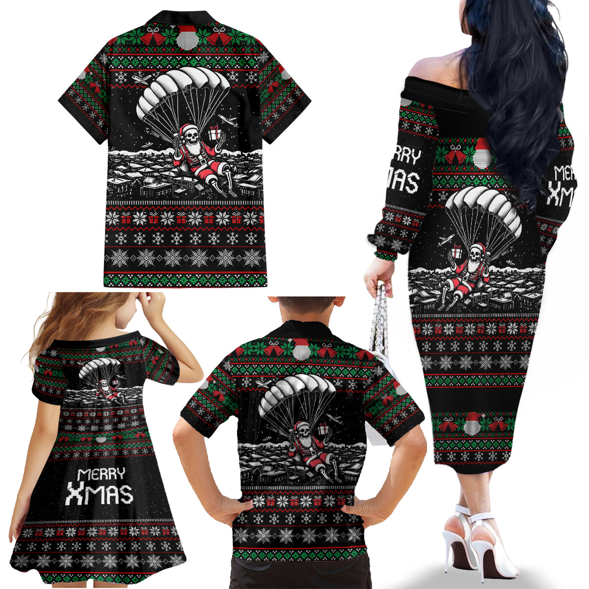 Christmas Skull Family Matching Off Shoulder Long Sleeve Dress and Hawaiian Shirt Santa Skull Jumps In Parachute - Wonder Print Shop