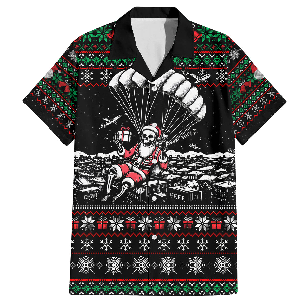 Christmas Skull Family Matching Off Shoulder Long Sleeve Dress and Hawaiian Shirt Santa Skull Jumps In Parachute - Wonder Print Shop