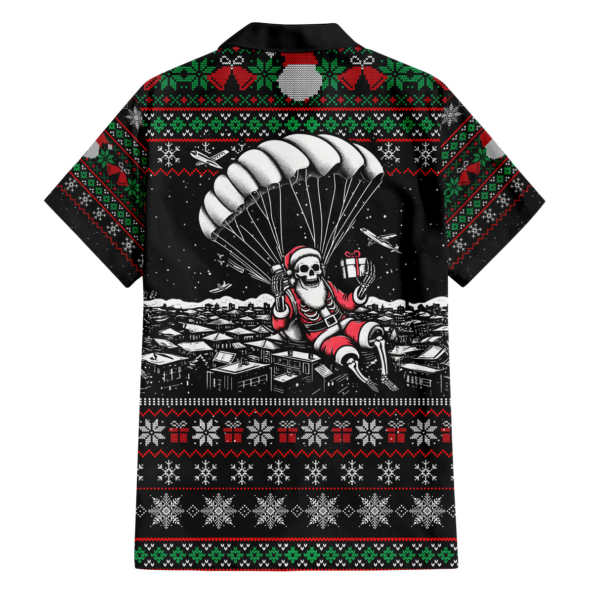 Christmas Skull Family Matching Off Shoulder Long Sleeve Dress and Hawaiian Shirt Santa Skull Jumps In Parachute - Wonder Print Shop