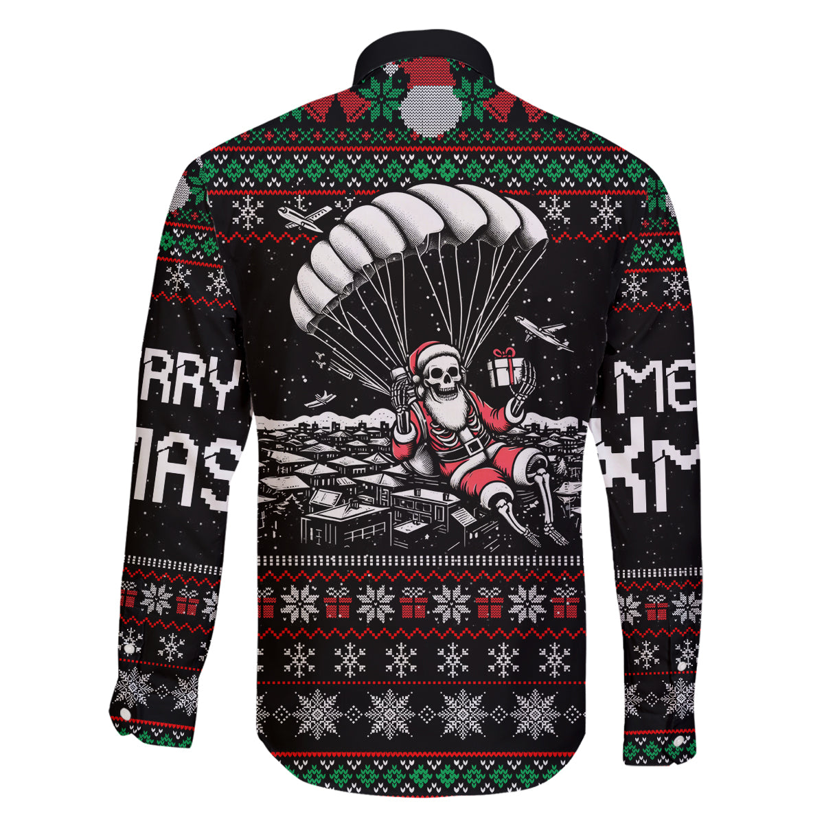 Christmas Skull Family Matching Off Shoulder Long Sleeve Dress and Hawaiian Shirt Santa Skull Jumps In Parachute - Wonder Print Shop