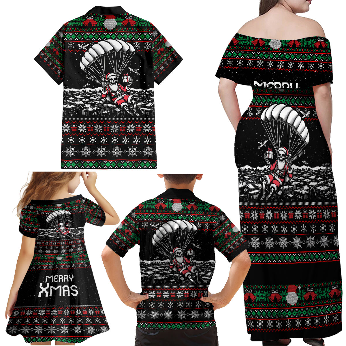Christmas Skull Family Matching Off Shoulder Maxi Dress and Hawaiian Shirt Santa Skull Jumps In Parachute - Wonder Print Shop