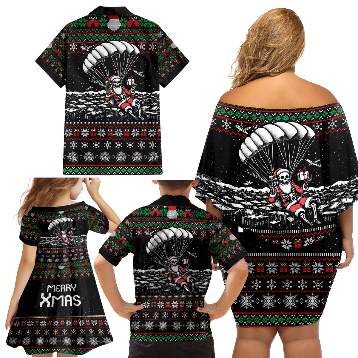 Christmas Skull Family Matching Off Shoulder Short Dress and Hawaiian Shirt Santa Skull Jumps In Parachute - Wonder Print Shop