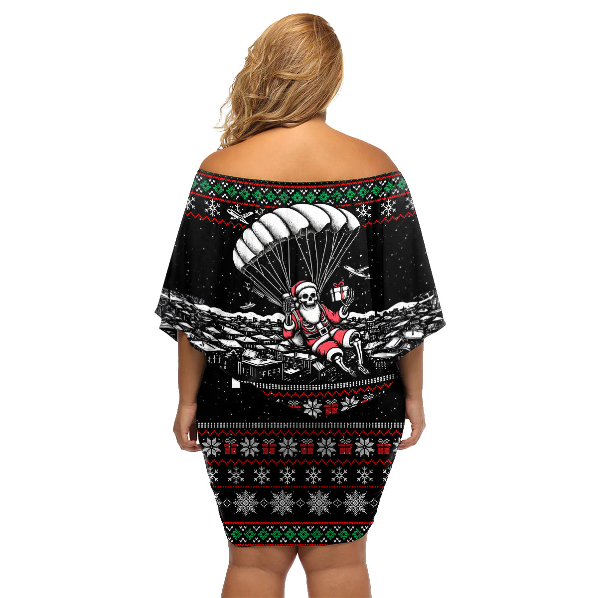 Christmas Skull Family Matching Off Shoulder Short Dress and Hawaiian Shirt Santa Skull Jumps In Parachute - Wonder Print Shop