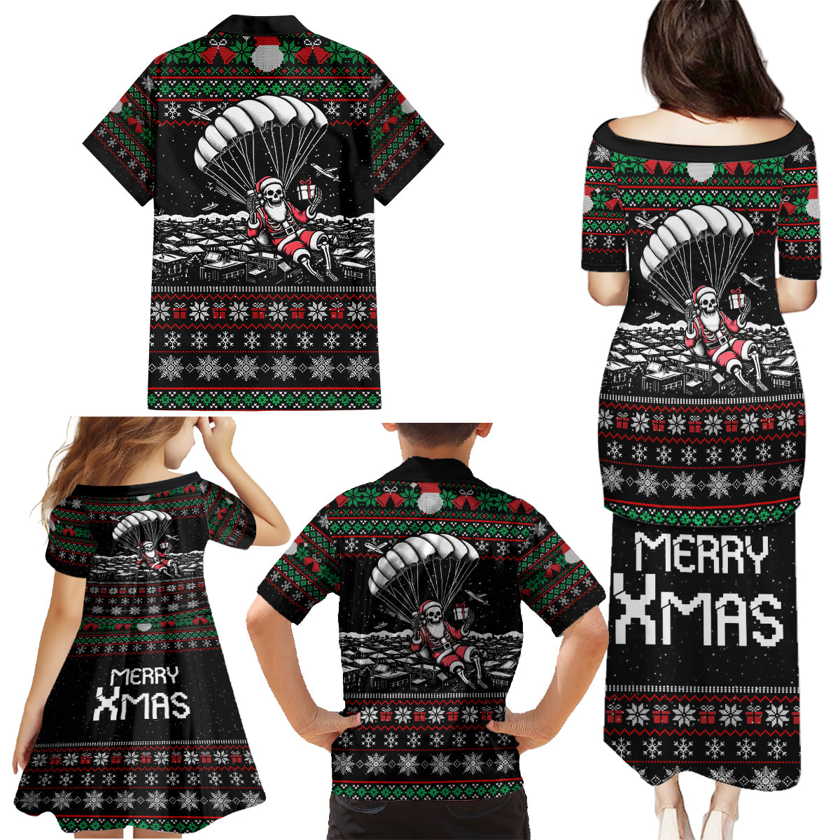 Christmas Skull Family Matching Puletasi Dress and Hawaiian Shirt Santa Skull Jumps In Parachute - Wonder Print Shop