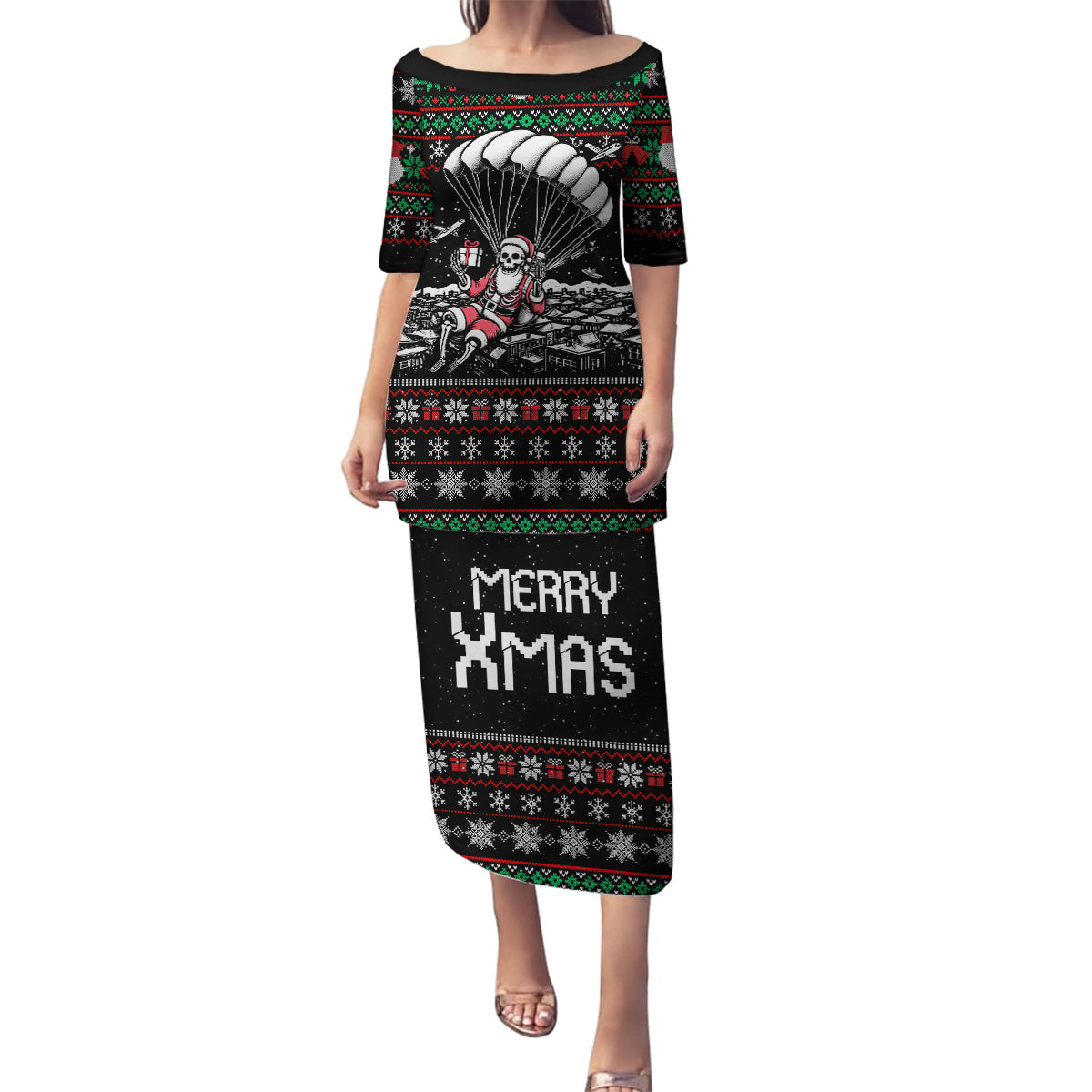 Christmas Skull Family Matching Puletasi Dress and Hawaiian Shirt Santa Skull Jumps In Parachute - Wonder Print Shop