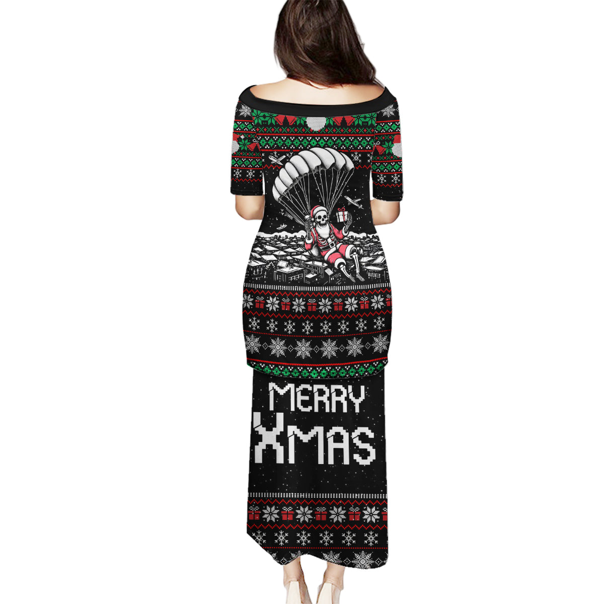 Christmas Skull Family Matching Puletasi Dress and Hawaiian Shirt Santa Skull Jumps In Parachute - Wonder Print Shop