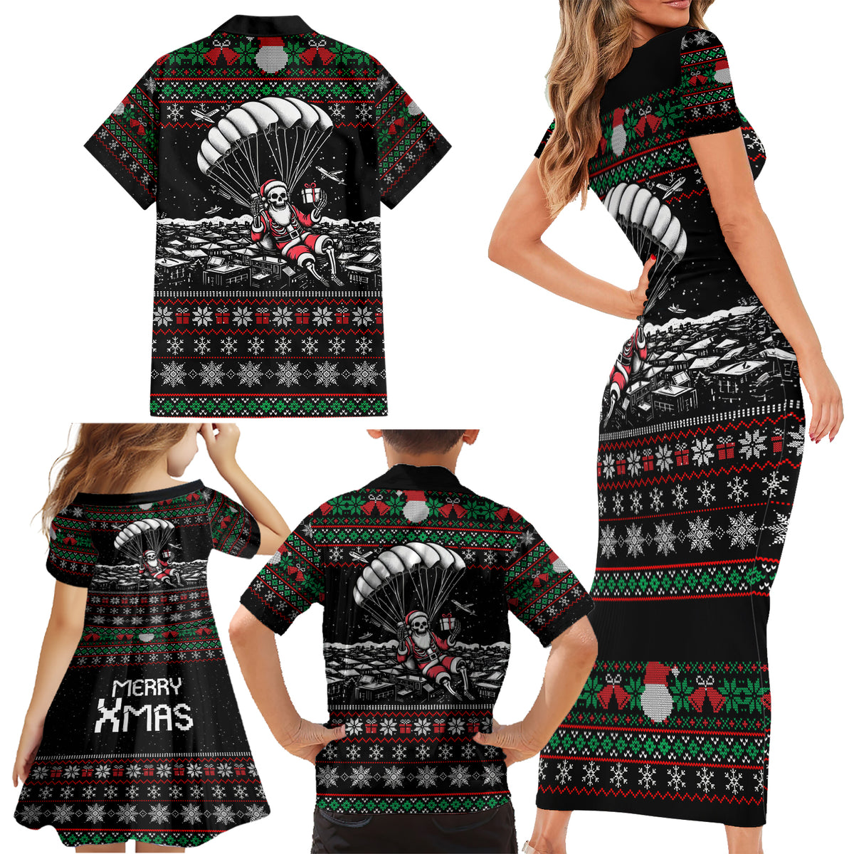 Christmas Skull Family Matching Short Sleeve Bodycon Dress and Hawaiian Shirt Santa Skull Jumps In Parachute - Wonder Print Shop