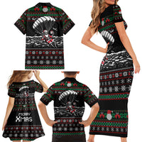 Christmas Skull Family Matching Short Sleeve Bodycon Dress and Hawaiian Shirt Santa Skull Jumps In Parachute - Wonder Print Shop