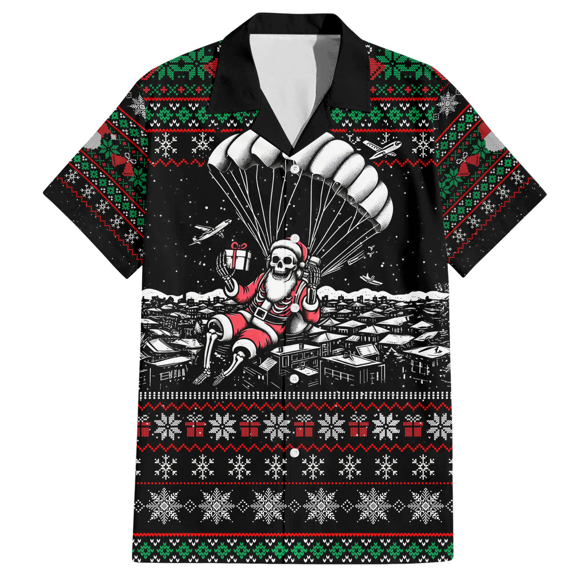 Christmas Skull Family Matching Short Sleeve Bodycon Dress and Hawaiian Shirt Santa Skull Jumps In Parachute - Wonder Print Shop