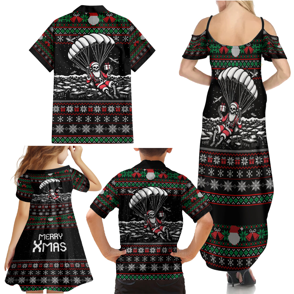 Christmas Skull Family Matching Summer Maxi Dress and Hawaiian Shirt Santa Skull Jumps In Parachute - Wonder Print Shop