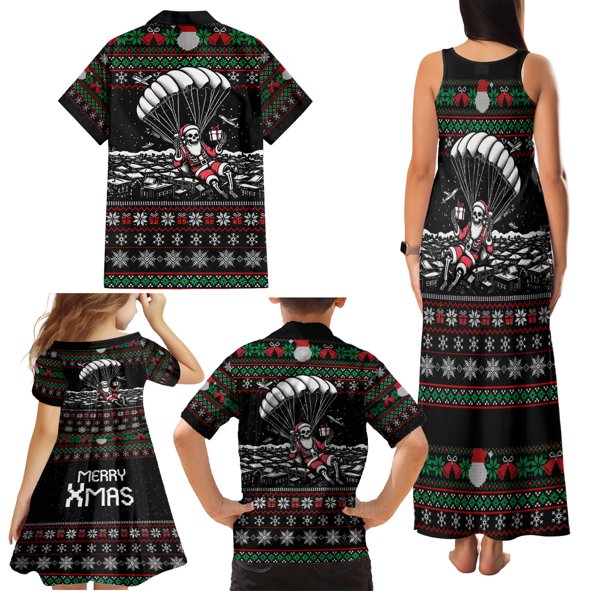 Christmas Skull Family Matching Tank Maxi Dress and Hawaiian Shirt Santa Skull Jumps In Parachute - Wonder Print Shop