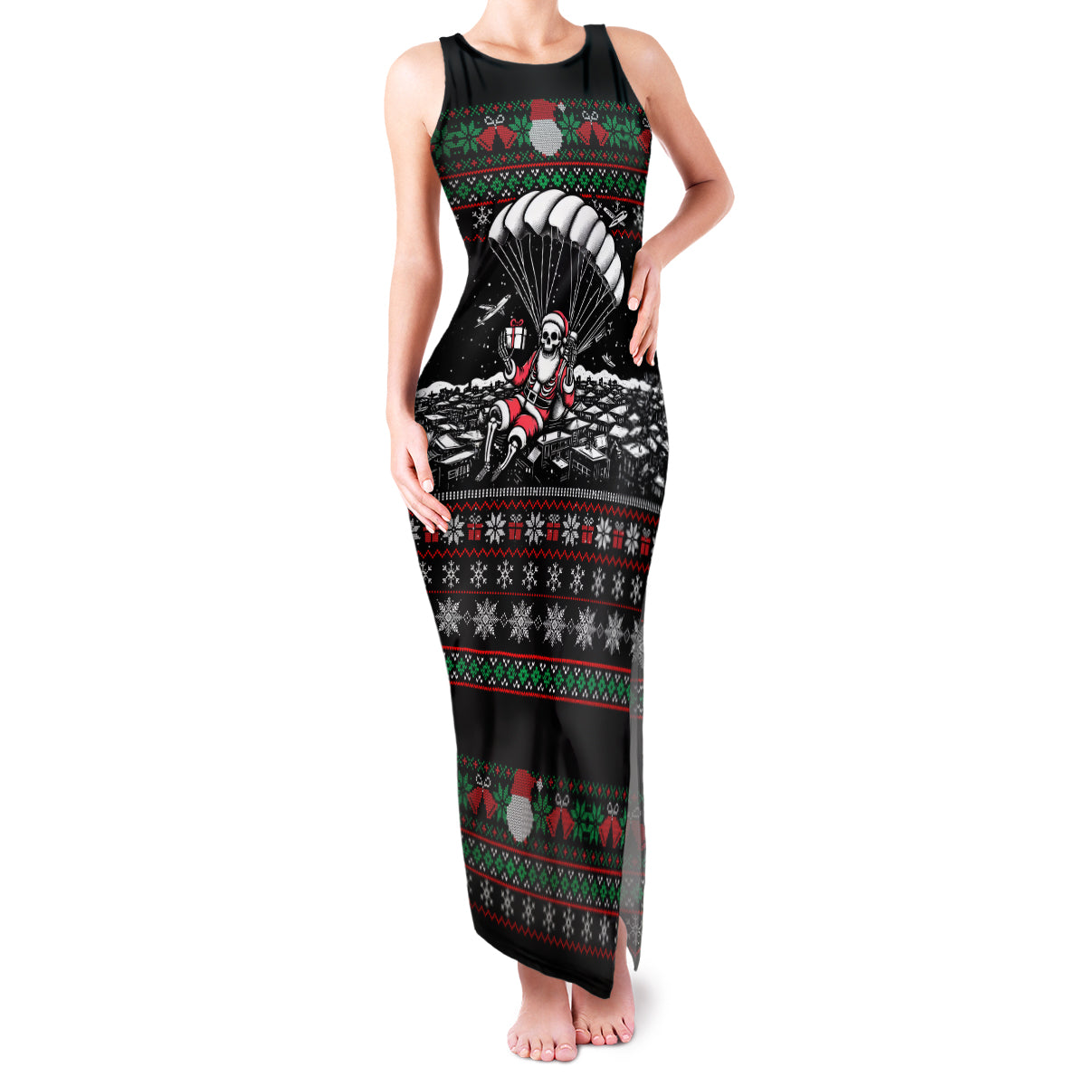Christmas Skull Family Matching Tank Maxi Dress and Hawaiian Shirt Santa Skull Jumps In Parachute - Wonder Print Shop