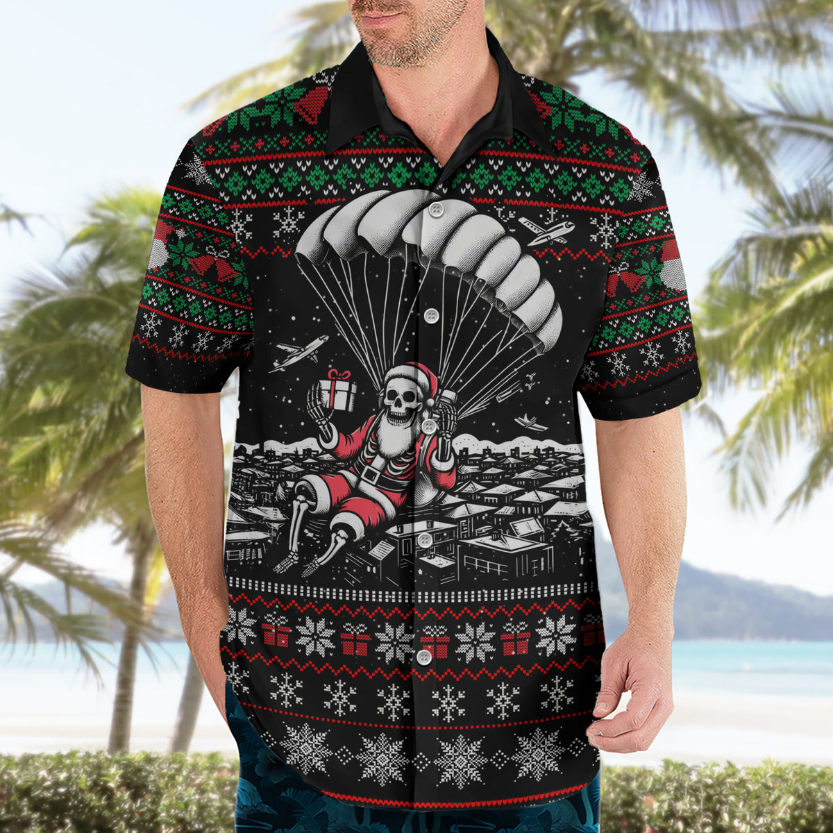 Christmas Skull Hawaiian Shirt Santa Skull Jumps In Parachute - Wonder Print Shop